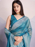 Deep Sky Gold Infused Twill Net Saree